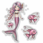 Sticker Illustration de la petite sirène rose et du poisso (Devant)