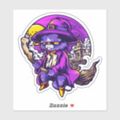 Sticker Illustration de sorcière de chat Kitty volante (Feuille)
