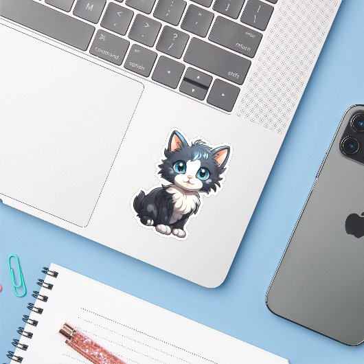Sticker Illustration du chat de dessin (Ordinateur portable avec iPhone)