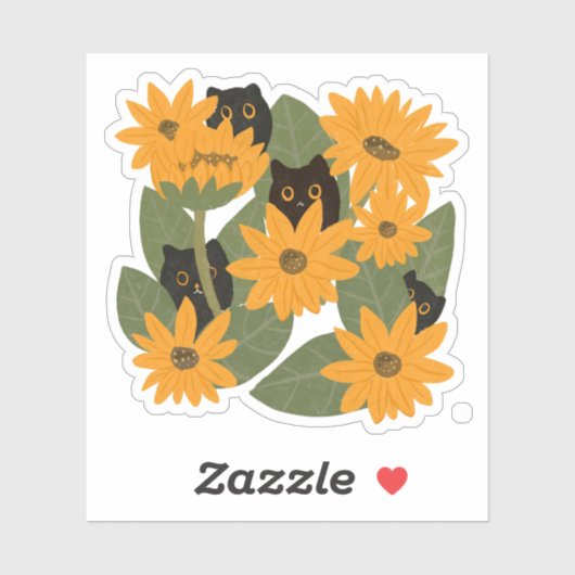 Sticker Illustration du chat noir mignon et du tournesol (Feuille)