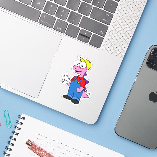 Sticker Illustration D'Un Ouvrier De Construction De Stego (Ordinateur portable avec iPhone)