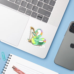 Sticker Illustration D'Un Plateosaure Jouant De La Harpe.