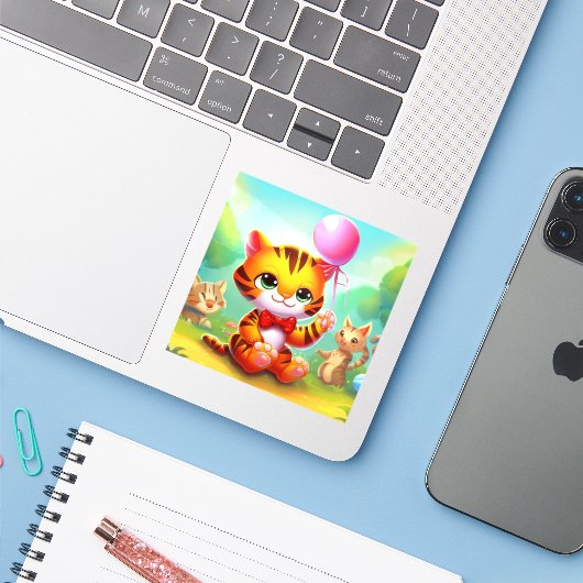 Sticker Illustration d'un tigre mignon avec un ballon (Ordinateur portable avec iPhone)