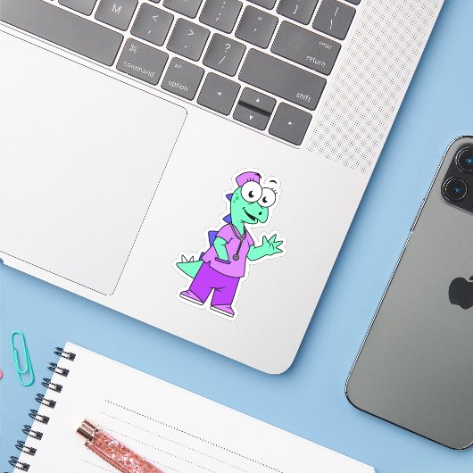 Sticker Illustration D'Une Infirmière Stegosaurus. (Ordinateur portable avec iPhone)