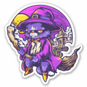 Sticker Illustration d'une sorcière de chatte volant