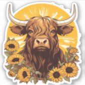 Sticker Illustration d'une vache des Highlands avec Sunflo (Devant)