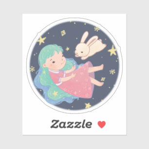 Sticker Illustration Starry Night Bunny & Girl