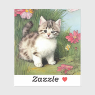 Sticker Illustration vintage de chat avec Fleurs rouges
