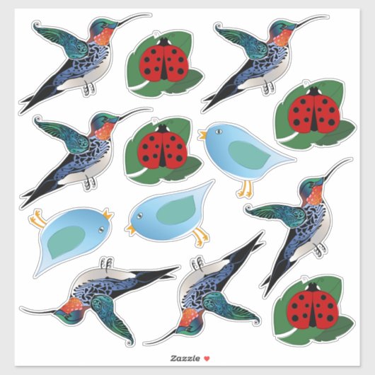 Sticker Illustrations de coccinelle d'oiseau-colibri (Feuille)
