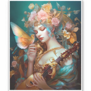 Sticker Imaginaire Lady Avec Lute & Butterfly Bird