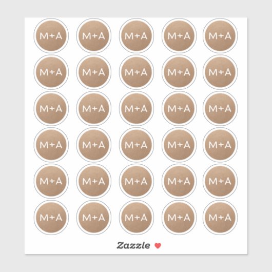 Sticker Initiales monogramme marron rustique mariage Kraft (Feuille)