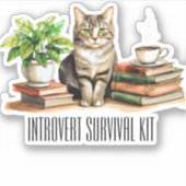 Sticker Introvert kit de survie (Cat, plante, café, livres (Devant)