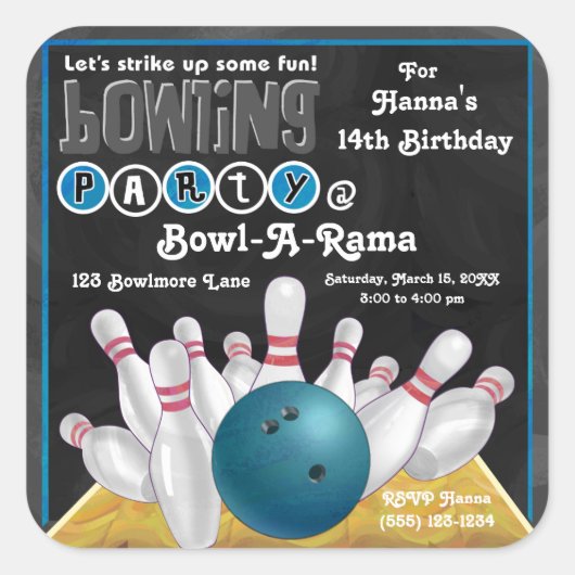 Sticker Invitation Blue Bowling Party (Devant)