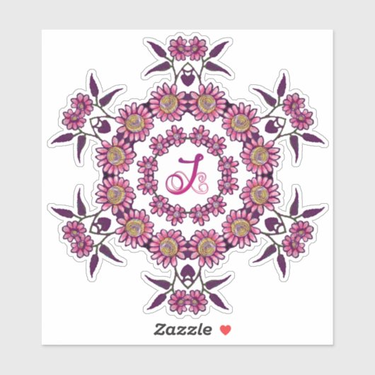 Sticker J Monogramme Unique Bizarre Fleurs Boho Plutôt (Feuille)