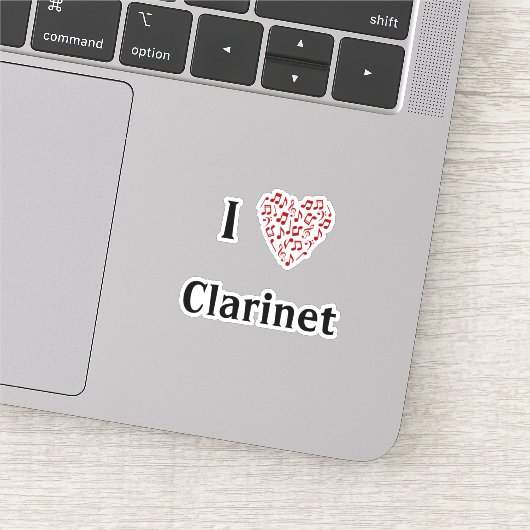 Sticker J'aime Clarinette Cœur Rouge de Notes de Musique V (Détail)