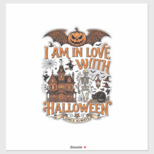 Sticker J'aime Halloween Maison Hantée Squelette Citrouill