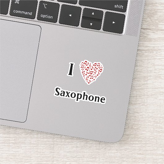 Sticker J'aime le Saxophone Coeur Rouge de Notes de Musiqu (Détail)