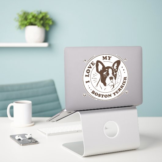 Sticker J'Aime Mon Boston Terrier Vinyl (Ordinateur portable sur le bureau)