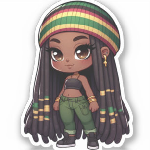 Sticker Jamaïcain rasta chatte fille chibi