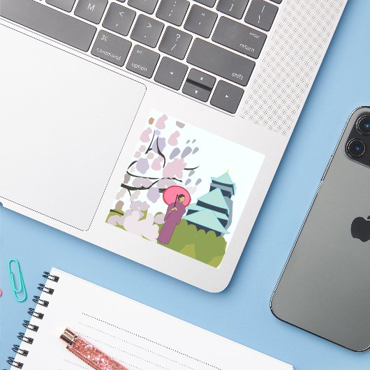 Sticker Japon Cherry Blossom Geisha Kimono (Ordinateur portable avec iPhone)