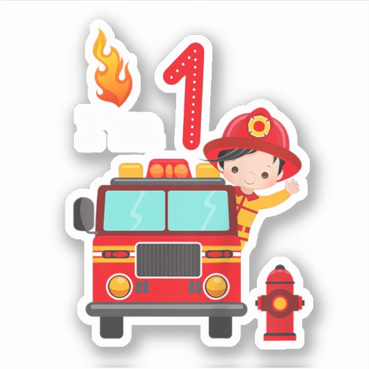 Sticker Je suis 1er anniversaire Boy Fire Engine Truck Tod (Devant)