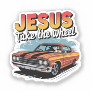 Sticker Jésus Prend le Volant Voiture Musclée Vintage