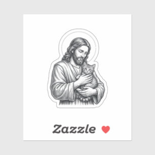Sticker Jésus vintage tenant un chat gravure graphique_1
