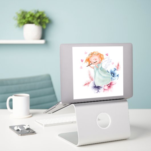 Sticker Joli ange caricature (Ordinateur portable sur le bureau)