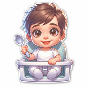 Sticker Joli bébé garçon aux yeux marrons tenant une cuill
