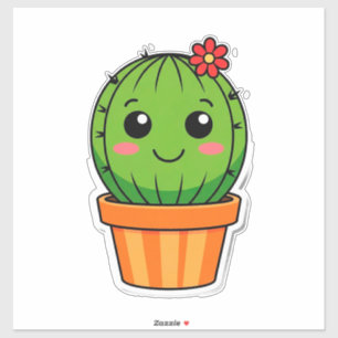 Sticker Joli cactus de dessin animé en pot avec fleur 