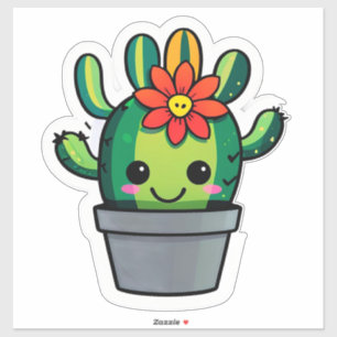 Sticker Joli cactus de dessin animé en pot avec fleur 