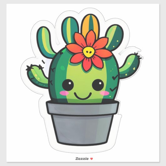 Sticker Joli cactus de dessin animé en pot avec fleur  (Feuille)