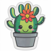 Sticker Joli cactus de dessin animé en pot avec fleur  (Devant)