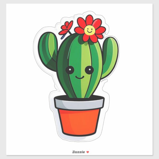 Sticker Joli cactus de dessin animé en pot avec fleur (Feuille)