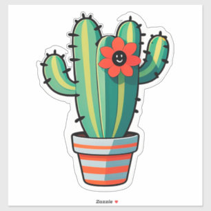 Sticker Joli cactus de dessin animé en pot avec fleur 