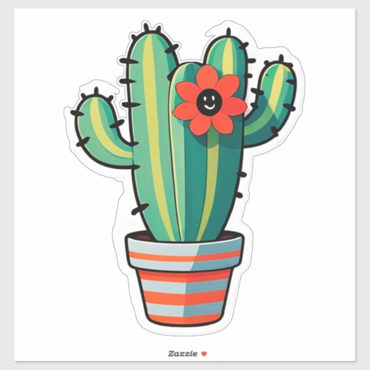 Sticker Joli cactus de dessin animé en pot avec fleur (Feuille)