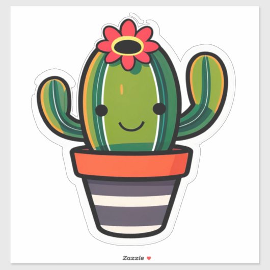 Sticker Joli cactus de dessin animé en pot avec fleur (Feuille)