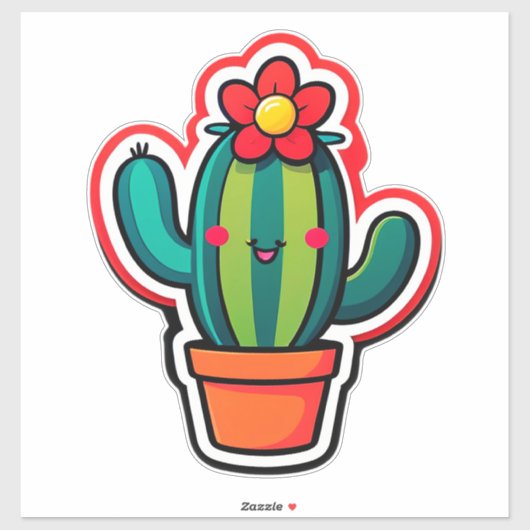Sticker Joli cactus de dessin animé en pot avec fleur (Feuille)