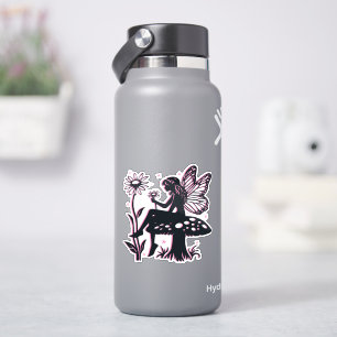 Sticker Joli champignon fée et fleur noir et rose