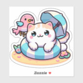 Sticker Joli chat kawaii à la plage (Feuille)