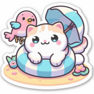 Sticker Joli chat kawaii à la plage