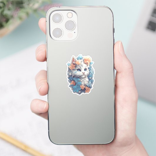 Sticker Joli Chat Kitty Floral Blanc (Téléphone)