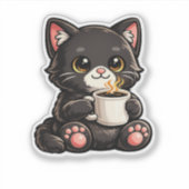 Sticker Joli Chat Noir avec Café (Devant)