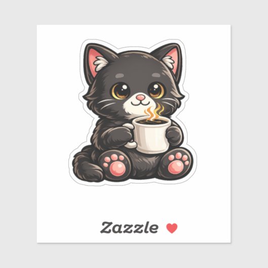 Sticker Joli Chat Noir avec Café (Feuille)