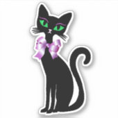 Sticker Joli Chat noir mince Yeux vert Bow rose (Devant)