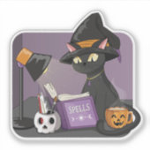 Sticker Joli Chat Noir Sorcière Lecture Spells Livre Magiq (Devant)