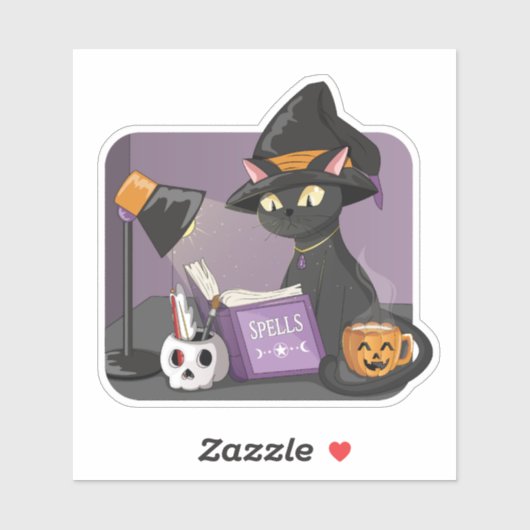 Sticker Joli Chat Noir Sorcière Lecture Spells Livre Magiq (Feuille)