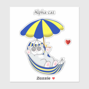 Sticker Joli Chaton en Hamac Bleu et Jaune & Texte