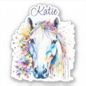 Sticker Joli Cheval Blanc Floral Personnalisé (Devant)