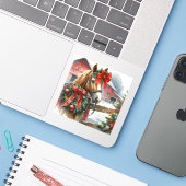 Sticker Joli Cheval Brown dans Red Bow Noël (Ordinateur portable avec iPhone)